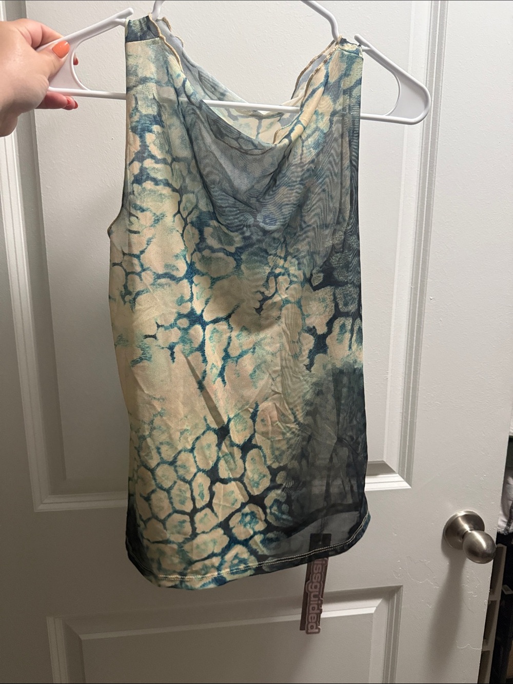 Women's Printed Sleeveless Cowl Neck Top - Blue & Cream